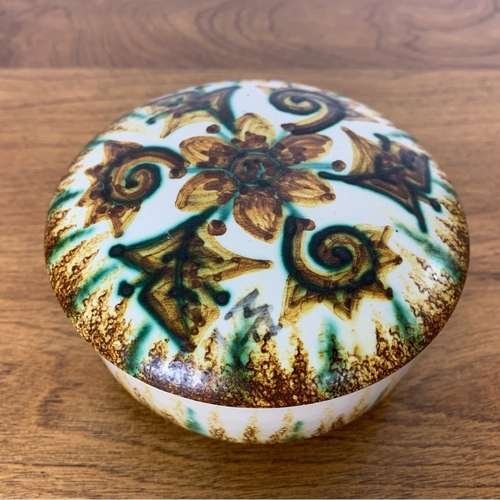 Quimper Trinket Box Handpainted Signed P. Fouillen Made in France Green Brown